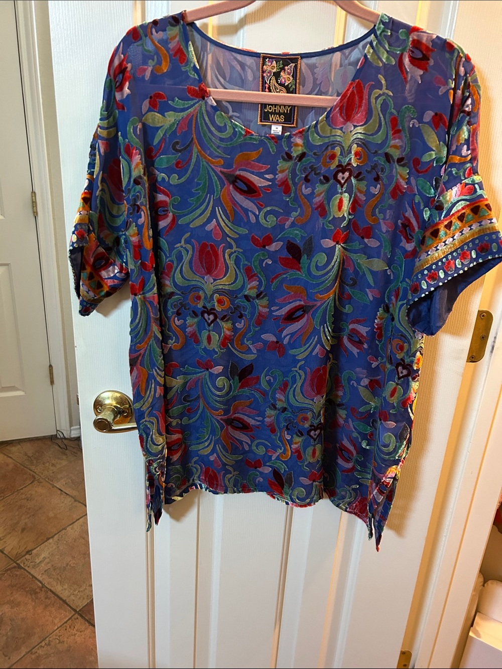 Johnny Was Blue Velvet Embroidery Tunic with Under Cami Top, Medium, New